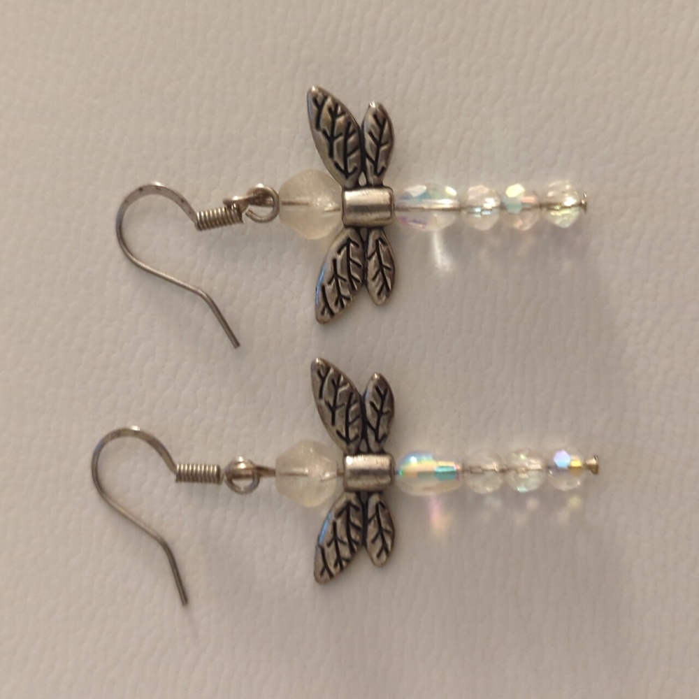 silver beaded dragonfly earrings